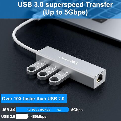 موزع USB 3.0 مع محول جيجابت إيثرنت، منفذ VEMONT ألومنيوم USB 3.0 إلى 1000 متر LAN و3 منافذ USB 3.0، مقسم USB مع محول من النوع C متوافق مع أجهزة Mac وChromebook والسطح وأجهزة الكمبيوتر/الكمبيوتر المحمول الأخرى in Kuwait