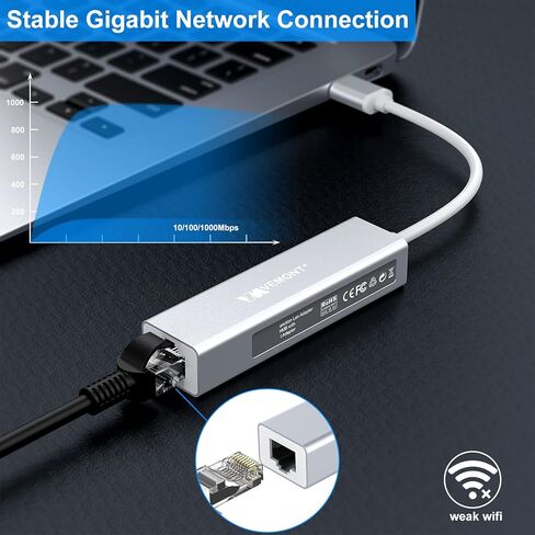 موزع USB 3.0 مع محول جيجابت إيثرنت، منفذ VEMONT ألومنيوم USB 3.0 إلى 1000 متر LAN و3 منافذ USB 3.0، مقسم USB مع محول من النوع C متوافق مع أجهزة Mac وChromebook والسطح وأجهزة الكمبيوتر/الكمبيوتر المحمول الأخرى in Kuwait