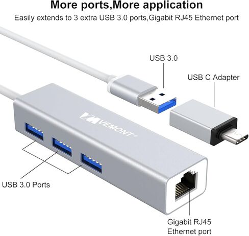 موزع USB 3.0 مع محول جيجابت إيثرنت، منفذ VEMONT ألومنيوم USB 3.0 إلى 1000 متر LAN و3 منافذ USB 3.0، مقسم USB مع محول من النوع C متوافق مع أجهزة Mac وChromebook والسطح وأجهزة الكمبيوتر/الكمبيوتر المحمول الأخرى in Kuwait