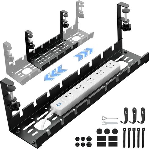 POKIPO Under Desk Cable Management Tray, Cable Management Under Desk, Retractable Under Desk Cord Organizer Wire Management No Drill Cable Tray with Clamp, Black Metal Rack Basket for Standing Desk in Kuwait