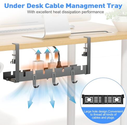 POKIPO Under Desk Cable Management Tray, Cable Management Under Desk, Retractable Under Desk Cord Organizer Wire Management No Drill Cable Tray with Clamp, Black Metal Rack Basket for Standing Desk in Kuwait