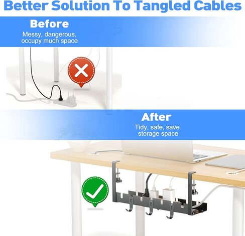 POKIPO Under Desk Cable Management Tray, Cable Management Under Desk, Retractable Under Desk Cord Organizer Wire Management No Drill Cable Tray with Clamp, Black Metal Rack Basket for Standing Desk in Kuwait