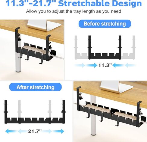 POKIPO Under Desk Cable Management Tray, Cable Management Under Desk, Retractable Under Desk Cord Organizer Wire Management No Drill Cable Tray with Clamp, Black Metal Rack Basket for Standing Desk in Kuwait