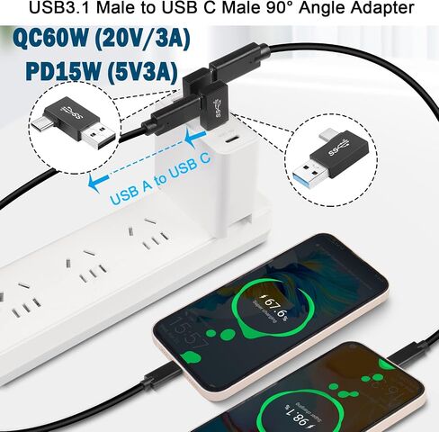 QIANRENON 90° Angle USB3.1 Male to USB C Male Charging Adapter 10Gbps USB3.1 Plug to USB C Plug L Angle Data Connector QC60W/PD15W (only A to C), for Wall Charger PC Laptop,4Pcs (2 Left+2 Right) in Saudi Arabia
