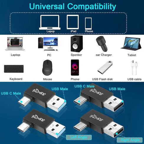 QIANRENON 90° Angle USB3.1 Male to USB C Male Charging Adapter 10Gbps USB3.1 Plug to USB C Plug L Angle Data Connector QC60W/PD15W (only A to C), for Wall Charger PC Laptop,4Pcs (2 Left+2 Right) in Saudi Arabia