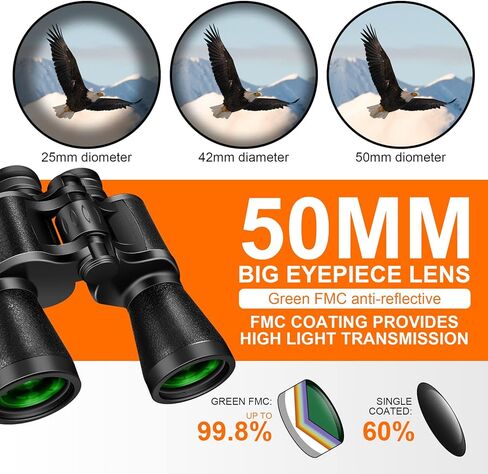 مناظير عالية الدقة 10 × 50 للبالغين، مناظير كبيرة ذات رؤية عالية مع رؤية ليلية منخفضة الإضاءة، مناظير ضباب ومقاومة للماء لمشاهدة الطيور والصيد والنجوم والرياضات الخارجية والسفر in Kuwait