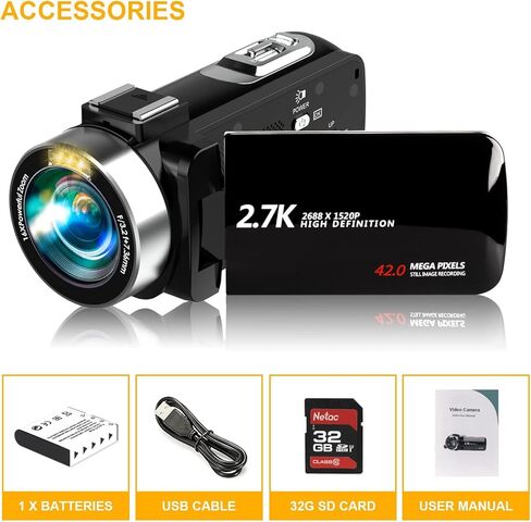 Vmotal Video Camera Camcorder Digital Camera Recorder 2.7K 42MP 3.0 Inch 270 Degree Rotation LED Light Vlogging YouTube Recorder 18X Digital Zoom with 32GB SD Card Kid Teens in Kuwait