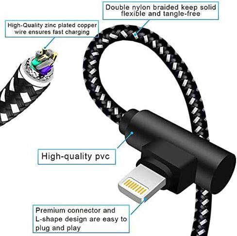 كابل Lightning بطول 6 أقدام (3 عبوات)، [معتمد من Apple MFi] كابل نايلون مضفر بزاوية قائمة لشواحن iPhone، سلك شحن سريع متوافق مع iPhone 14/13/12/11 Pro Max/XS MAX/XR/XS/X إلخ in Kuwait