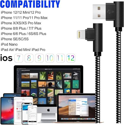 كابل Lightning بطول 6 أقدام (3 عبوات)، [معتمد من Apple MFi] كابل نايلون مضفر بزاوية قائمة لشواحن iPhone، سلك شحن سريع متوافق مع iPhone 14/13/12/11 Pro Max/XS MAX/XR/XS/X إلخ in Kuwait