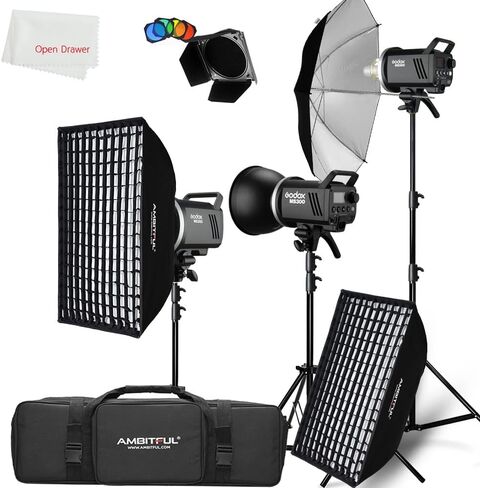 طقم إضاءة استوديو Godox MS300، فلاش ستوديو ستروب 900 وات، GN58 5600K، نظام X لاسلكي مدمج Godox 2.4G، وقت إعادة التدوير 0.1～1.8S، حامل بوينز مع صندوق سوفت بوكس ​​لشبكة قرص العسل + حامل إضاءة 110 بوصة + حقيبة in Saudi Arabia