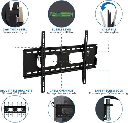 Mount-It! Heavy-Duty Fixed Tilt TV Wall Mount for 43–90 Inch Flat Screen TVs | Low Profile 1.5" Slim Design | VESA 100x100 to 800x600 | 220 lb Capacity | 8° Downward Tilt | 16"/24" Stud Installation in Kuwait
