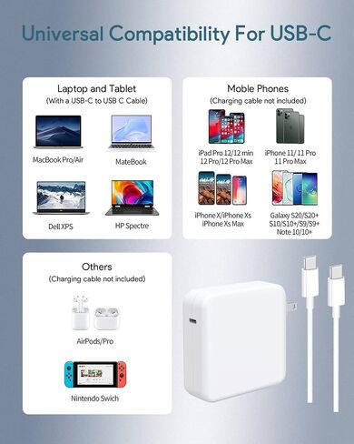 شاحن Mac Book Pro - شاحن USB C بقدرة 96 وات شاحن سريع لمنفذ USB C Mac Book pro وMac Book Air وipad Pro وSamsung Galaxy وجميع أجهزة USB C، يتضمن كابل شحن (6.6 قدم) in Saudi Arabia