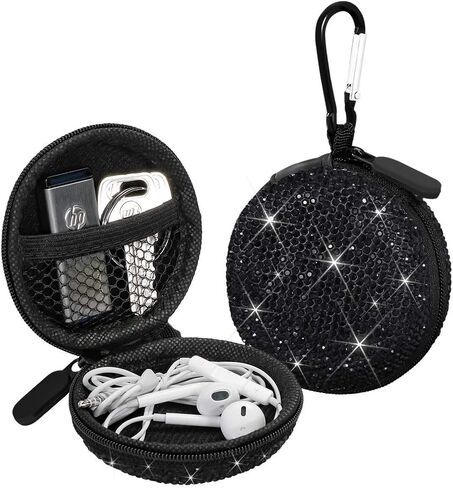 SAVORI Earphone Case Earbuds Small Carrying Cases Bling Rhinestone Crystal Portable Headphone Organizer Storage Pouch Bag with Carabiner 1 Pack (Pink) in Kuwait