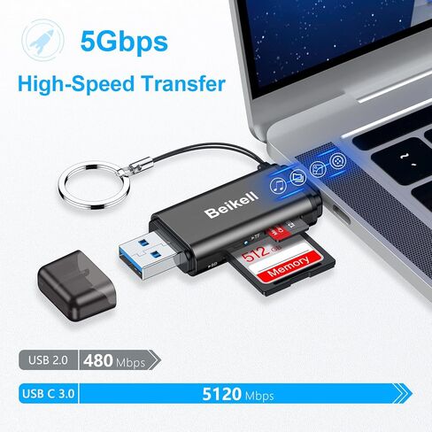 قارئ بطاقة SD، محول قارئ بطاقة الذاكرة Beikell USB 3.0/USB C - يدعم SD/Micro SD/SDXC/SDHC/MMC/RS-MMC/UHS-I، متوافق مع MacBook Pro، وMacBook Air، وiPad Pro، وGalaxy S21 الخ-الجرافيت in Kuwait