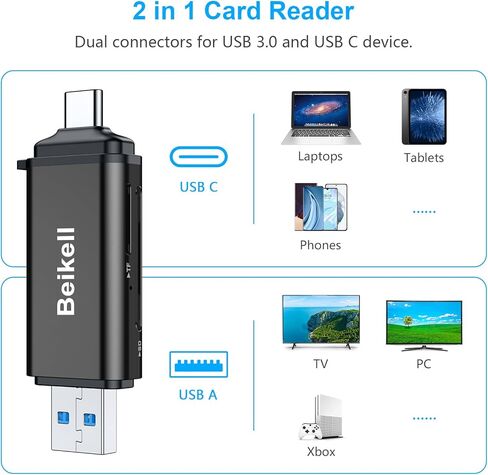قارئ بطاقة SD، محول قارئ بطاقة الذاكرة Beikell USB 3.0/USB C - يدعم SD/Micro SD/SDXC/SDHC/MMC/RS-MMC/UHS-I، متوافق مع MacBook Pro، وMacBook Air، وiPad Pro، وGalaxy S21 الخ-الجرافيت in Kuwait