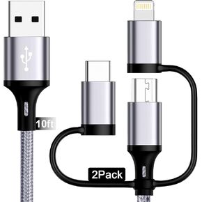 كابل شحن متعدد [10 أقدام 2 حزمة] سلك شحن متعدد كابل شاحن متعدد 3 في 1 محول شحن سريع مع منفذ Lightning/Type C/Micro USB للهواتف المحمولة، iPhone، iPads، Samsung Galaxy، Ps، الأجهزة اللوحية، المزيد in Kuwait