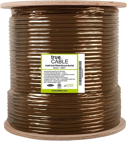 TRUE CABLE Cat6 Direct Burial Bulk Ethernet, Gel Filled, Unshielded, 1000ft, Black, Outdoor OSP Jacket, Waterproof, UV Resistant, 23AWG Solid Bare Copper, 550MHz, PoE++ (4PPoE) in Saudi Arabia