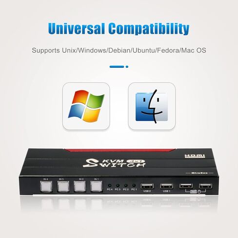 محدد مفتاح ShuOne Kvm، للتحكم في 4 أجهزة كمبيوتر USB، مع مفتاح زر واحد، 5 كابلات HDMI و4 خطوط طباعة بمنفذ USB2.0 مربع، تنطبق على لوحة مفاتيح ماوس الماسح الضوئي لطابعة الكمبيوتر in Kuwait