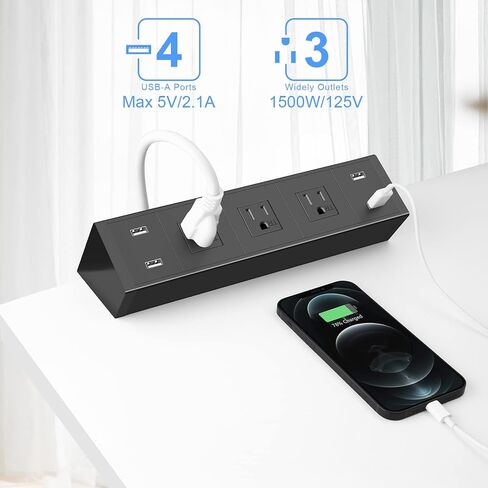 شريط طاقة بمشبك مكتب مع 20 وات USB C، شريط طاقة بحافة مكتب USB إجمالي 40 وات، 4 منافذ تيار متردد مقاومة للعبث واسعة المسافة، 2 USB-C، 4 USB-A، سلك توصيل مسطح بطول 6 أقدام، مناسب لحافة سطح الطاولة مقاس 2.1 بوصة in Kuwait