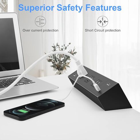 شريط طاقة بمشبك مكتب مع 20 وات USB C، شريط طاقة بحافة مكتب USB إجمالي 40 وات، 4 منافذ تيار متردد مقاومة للعبث واسعة المسافة، 2 USB-C، 4 USB-A، سلك توصيل مسطح بطول 6 أقدام، مناسب لحافة سطح الطاولة مقاس 2.1 بوصة in Kuwait