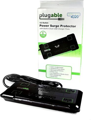 Plugable Surge Protector Power Strip with USB and 12 AC Outlets, Built-in 10.5W 2-Port USB Charger for Android, Apple iOS, and Windows Mobile Devices, 6 Foot Extension Cord in Saudi Arabia