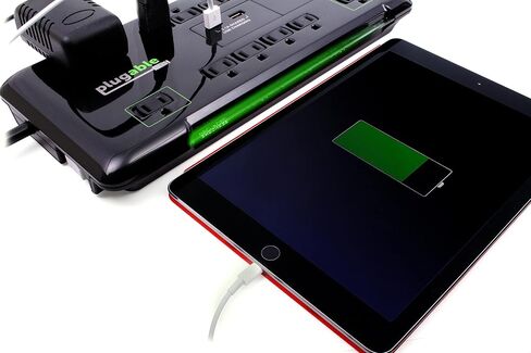 Plugable Surge Protector Power Strip with USB and 12 AC Outlets, Built-in 10.5W 2-Port USB Charger for Android, Apple iOS, and Windows Mobile Devices, 6 Foot Extension Cord in Saudi Arabia