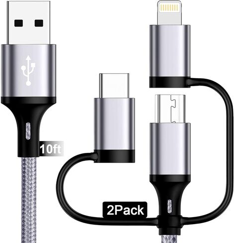 كابل شحن متعدد [10 أقدام 2 حزمة] سلك شحن متعدد كابل شاحن متعدد 3 في 1 محول شحن سريع مع منفذ Lightning/Type C/Micro USB للهواتف المحمولة، iPhone، iPads، Samsung Galaxy، Ps، الأجهزة اللوحية، المزيد in Kuwait