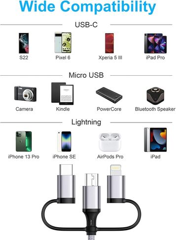 كابل شحن متعدد [10 أقدام 2 حزمة] سلك شحن متعدد كابل شاحن متعدد 3 في 1 محول شحن سريع مع منفذ Lightning/Type C/Micro USB للهواتف المحمولة، iPhone، iPads، Samsung Galaxy، Ps، الأجهزة اللوحية، المزيد in Kuwait
