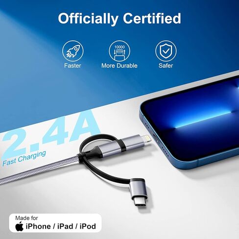 كابل شحن متعدد [10 أقدام 2 حزمة] سلك شحن متعدد كابل شاحن متعدد 3 في 1 محول شحن سريع مع منفذ Lightning/Type C/Micro USB للهواتف المحمولة، iPhone، iPads، Samsung Galaxy، Ps، الأجهزة اللوحية، المزيد in Kuwait