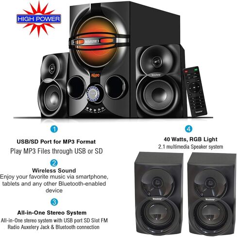 بويتون نظام مكبر صوت بلوتوث 2.1 للوسائط المتعددة BT-424FN، نظام ستيريو سلكي قوي برف قوي، فتحة اف ام، منفذ SD، منفذ USB، تنسيق MP3، 40 واط، ضوء LED تفاعلي، جهاز تحكم عن بعد، للهواتف الذكية والتابلت in Kuwait