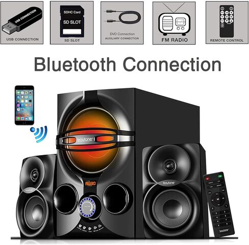 بويتون نظام مكبر صوت بلوتوث 2.1 للوسائط المتعددة BT-424FN، نظام ستيريو سلكي قوي برف قوي، فتحة اف ام، منفذ SD، منفذ USB، تنسيق MP3، 40 واط، ضوء LED تفاعلي، جهاز تحكم عن بعد، للهواتف الذكية والتابلت in Kuwait