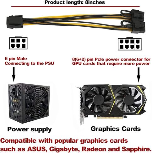 5PCS PCI-E 6-pin to Dual 6+2-pin (6-pin/8-pin) Power Splitter Cable Graphics Card PCIE PCI Express 6Pin to Dual 8Pin Power Cable in Kuwait