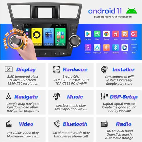 شاشة تعمل باللمس SizxNanv Android 11 متوافقة مع Carplay Android Auto، راديو السيارة ستيريو بلوتوث الملاحة مشغل الوسائط المتعددة GPS WiFi FM/AM وحدة رأس الكاميرا الاحتياطية لتويوتا هايلاندر 4GRAM64GROM in Kuwait