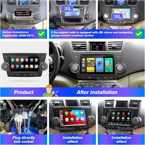 شاشة تعمل باللمس SizxNanv Android 11 متوافقة مع Carplay Android Auto، راديو السيارة ستيريو بلوتوث الملاحة مشغل الوسائط المتعددة GPS WiFi FM/AM وحدة رأس الكاميرا الاحتياطية لتويوتا هايلاندر 4GRAM64GROM in Kuwait