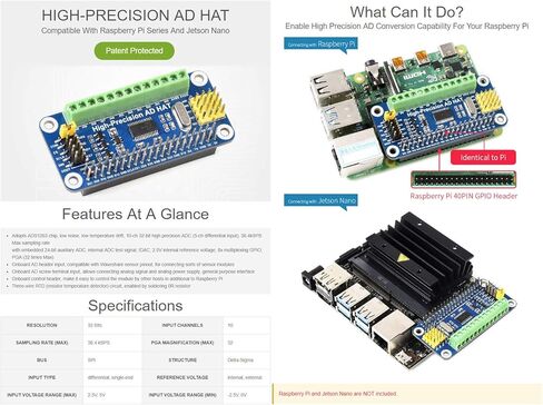 Waveshare High-Precision AD HAT for Raspberry Pi with ADS1263 10-Ch 32-Bit ADC Compatible with Raspberry Pi Series and Jetson Nano in Saudi Arabia
