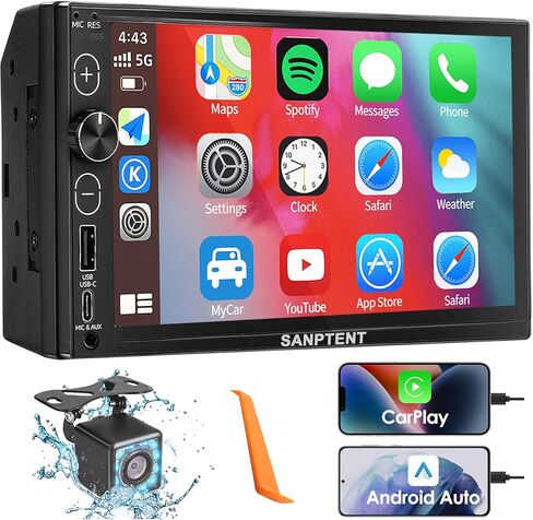 Double Din Car Stereo Apple Carplay & Android Auto 7-Inch Full HD Touchscreen Car Audio Receiver with Bluetooth, FM Radio, USB & Type-C Ports, External Mic/AUX Input, Rear View Camera, Mirror Link in Kuwait