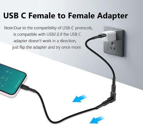 محول GELRHONR 90 درجة USB C أنثى إلى أنثى، وصلة زاوية يمين ويسار لأعلى ولأسفل من النوع C تدعم الشحن ونقل البيانات لأجهزة الكمبيوتر المحمول، والهاتف المحمول، وPC-2pack (أسود - يمين وأعلى) in Saudi Arabia