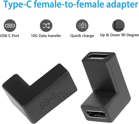 محول GELRHONR 90 درجة USB C أنثى إلى أنثى، وصلة زاوية يمين ويسار لأعلى ولأسفل من النوع C تدعم الشحن ونقل البيانات لأجهزة الكمبيوتر المحمول، والهاتف المحمول، وPC-2pack (أسود - يمين وأعلى) in Saudi Arabia