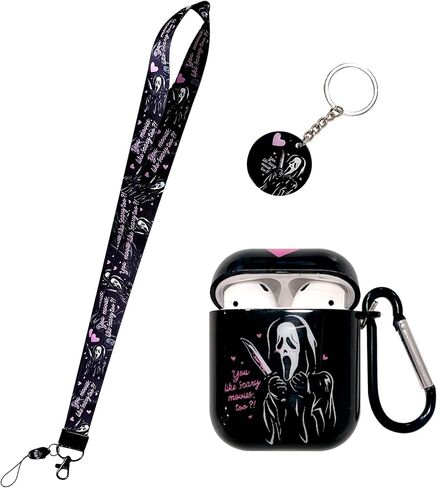 حافظة لطيفة ورائعة من Scream Ghost airpod 2/1، مع مشبك سلسلة مفاتيح على شكل جمجمة مضحكة وحلقة تعليق وحبل قصير، مصممة للفتيات والنساء والرجال Apple AirPod 2/1 in Kuwait