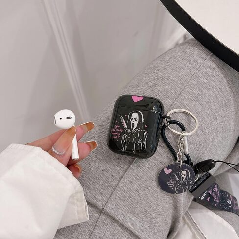 حافظة لطيفة ورائعة من Scream Ghost airpod 2/1، مع مشبك سلسلة مفاتيح على شكل جمجمة مضحكة وحلقة تعليق وحبل قصير، مصممة للفتيات والنساء والرجال Apple AirPod 2/1 in Kuwait
