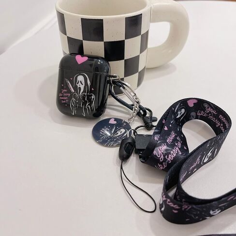 حافظة لطيفة ورائعة من Scream Ghost airpod 2/1، مع مشبك سلسلة مفاتيح على شكل جمجمة مضحكة وحلقة تعليق وحبل قصير، مصممة للفتيات والنساء والرجال Apple AirPod 2/1 in Kuwait