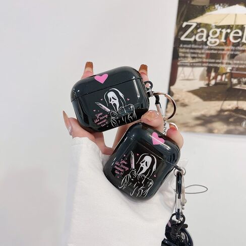 حافظة لطيفة ورائعة من Scream Ghost airpod 2/1، مع مشبك سلسلة مفاتيح على شكل جمجمة مضحكة وحلقة تعليق وحبل قصير، مصممة للفتيات والنساء والرجال Apple AirPod 2/1 in Kuwait