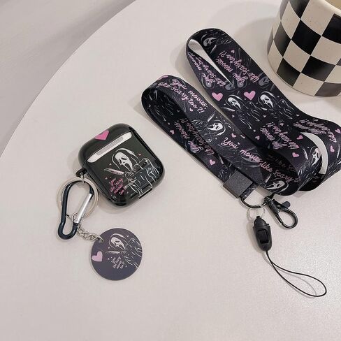 حافظة لطيفة ورائعة من Scream Ghost airpod 2/1، مع مشبك سلسلة مفاتيح على شكل جمجمة مضحكة وحلقة تعليق وحبل قصير، مصممة للفتيات والنساء والرجال Apple AirPod 2/1 in Kuwait