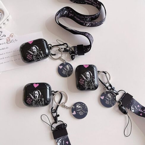 حافظة لطيفة ورائعة من Scream Ghost airpod 2/1، مع مشبك سلسلة مفاتيح على شكل جمجمة مضحكة وحلقة تعليق وحبل قصير، مصممة للفتيات والنساء والرجال Apple AirPod 2/1 in Kuwait