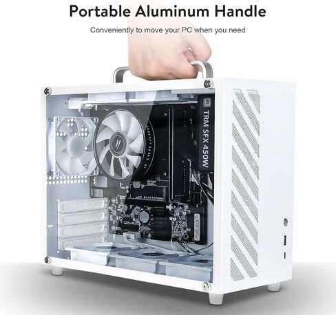 GOPIE Samll ITX pc case, T07 Portable Mini Tower Computer Chassis with Al-Alloy Handle, Gaming Desktop Computer Hosting case with Tempered Glass - Support MATX, Mini-ITX, Fans not Included - White in Kuwait