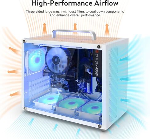 GOPIE Samll ITX pc case, T07 Portable Mini Tower Computer Chassis with Al-Alloy Handle, Gaming Desktop Computer Hosting case with Tempered Glass - Support MATX, Mini-ITX, Fans not Included - White in Kuwait