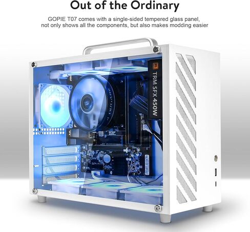 GOPIE Samll ITX pc case, T07 Portable Mini Tower Computer Chassis with Al-Alloy Handle, Gaming Desktop Computer Hosting case with Tempered Glass - Support MATX, Mini-ITX, Fans not Included - White in Kuwait