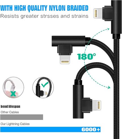 كابل iPhone Lightning بطول 6 أقدام، [معتمد من MFi] كابل شحن سريع بزاوية يمنى 90 درجة إضافية 6 أقدام/3 عبوات كابل شاحن iPhone مضفر من النايلون لهواتف iPhone 12/11/Xs Max/XS/XR/X، 8 7 6 6S 6 Plus، iPad، iPod in Kuwait