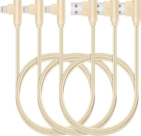 3 قطع من كابلات iPhone المعتمدة من Apple MFi كابل Lightning ذو الزاوية اليمنى (3/3/3FT) سلك شحن مجدول من النايلون 90 درجة لمزامنة البيانات لهواتف iPhone 13/12/11/11Pro/Xs Max/X/8/7/Plus/6S/ 6/SE/5S آيباد ذهبي in Kuwait