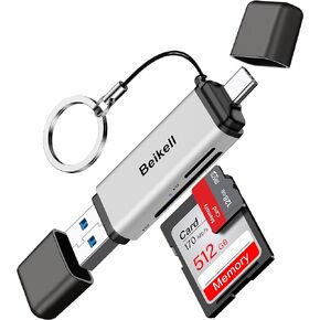 قارئ بطاقة SD، محول قارئ بطاقة الذاكرة Beikell USB 3.0/USB C - يدعم SD/Micro SD/SDXC/SDHC/MMC/RS-MMC/UHS-I، متوافق مع MacBook Pro، وMacBook Air، وiPad Pro، وGalaxy S21 الخ-الفضة in Kuwait